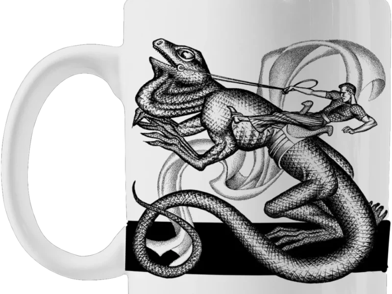 Bela keramička &scaron;olja Dragon Rider sa epskim printom jahača zmaja, kapacitet 330ml