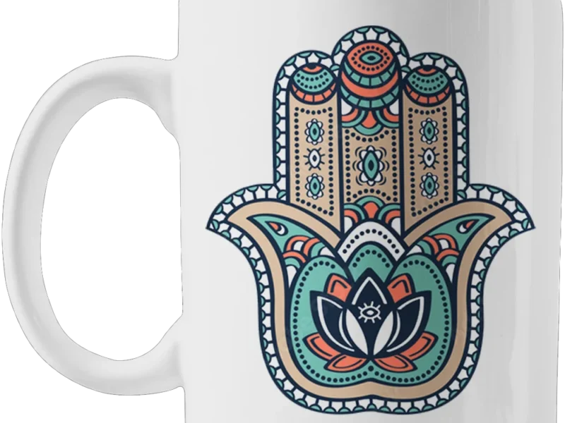 Bela keramička &scaron;olja Ruka Hamsa sa crnim printom, kapacitet 330ml