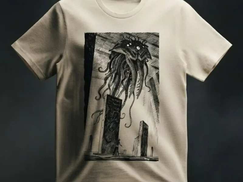 Umetnička streetwear majica - Astral Studios Dimensional Leakage majica od 100% pamuka sa nadrealnim monohromatskim printom bića sa pipcima.