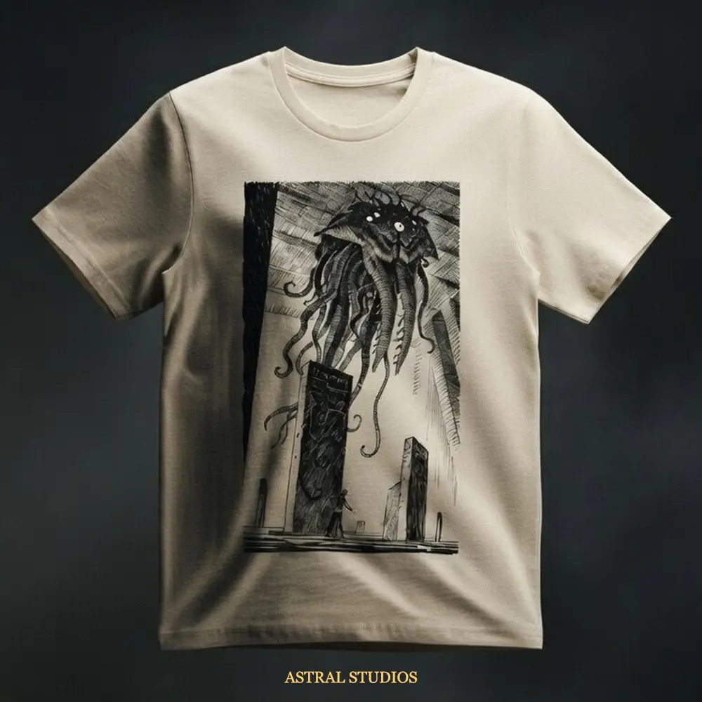 Dimensional Leakage – Umetnička Streetwear Majica | Astral Studios Umetnička streetwear majica - Astral Studios Dimensional Leakage majica od 100% pamuka sa nadrealnim monohromatskim printom bića sa pipcima.